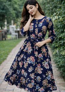 Floral Print Navy Blue Dress