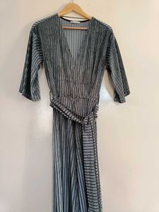 Zara Blue Gray Striped Velvet Wide Leg Jumpsuit