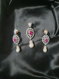 AD Diamond with Pure Pearl &amp; Ruby Pendant Set