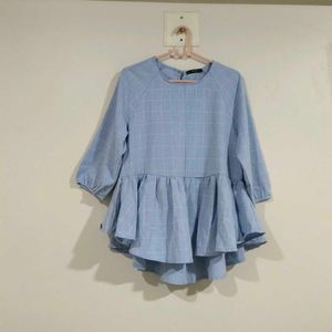 Blue Checkered Peplum Top