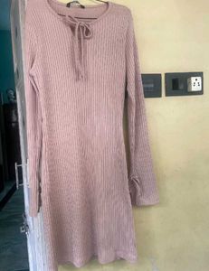 Pink Ribbed Long Sleeve Dress