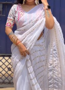 White Sequence Saree With Stitched Blouse