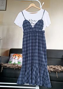Checked Flare Dress With T Shirt Attached