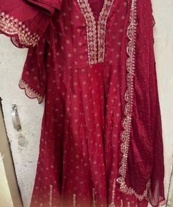 Red Anarkali Suit Set With Pant Dupatta