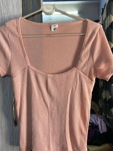 Peach Ribbed Square Neck Top