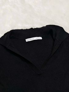 Ribbed Knit Polo Collar Fitted Crop Top🖤