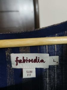 Fabindia Women Blue Gold Striped Long Kurta