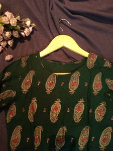 Dark Green with Gold Paisley Print Kurta, Size-XS
