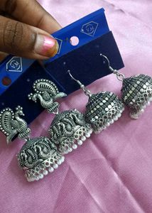 Silver Peacock Jhumka Earrings