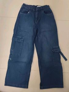 Blue Denim Wide Leg Cargo Pants