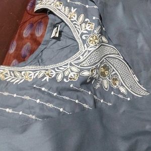 New Embroidered Gray Kurta And Bottom Set