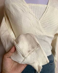 White Knit Wrap Top
