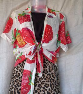 Strawberry Print Tie-Front Top