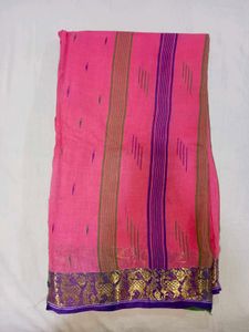 Pink Cotton Saree with Gold Accents