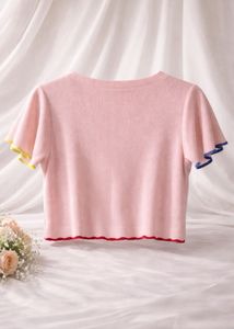 Pastel Pink Knit Crop Cardigan with Colorful Butto