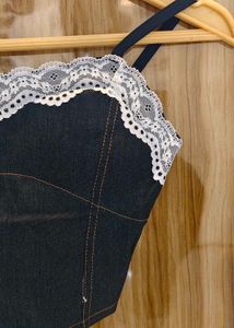 Lace-Trimmed Denim Crop Top