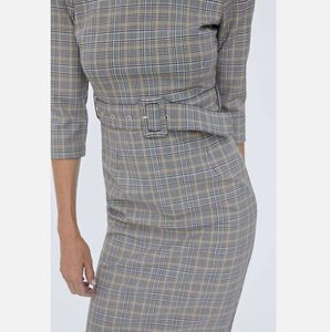 Checked Boat Neck Knee Length Dress