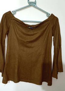 Chic Brown Off-shoulder Top With Bead Detailing