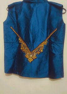 Blue Jacket &amp; Golden Party Wear Dress For Girl