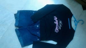 Top and denim shorts