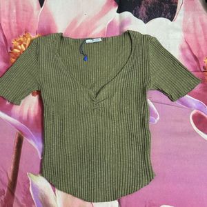 Zara Basic Striped Olive Green Fitted Top