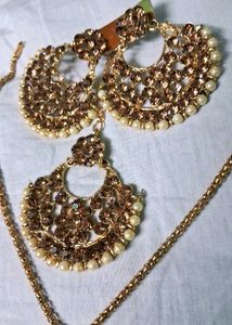 Gold &amp; Pearl Chandbali Necklace and Earring Set