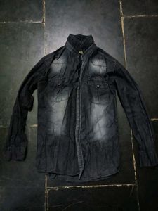 Vintage Black Denim Acid Wash Shaded Button-Down