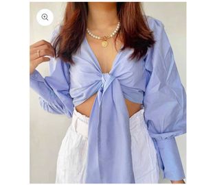 Blue Tie-Front Crop Top