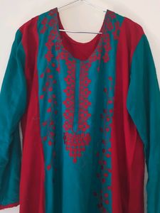 Bright Red And Green Embroidered Kurta