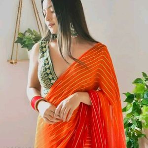Striped Orange &amp; Red Saree