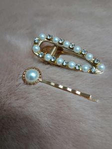 Korean hair clips golden pearl set