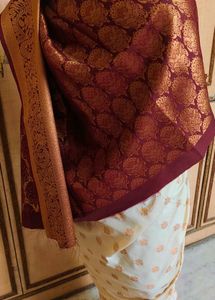 beautiful 😍 Cream &amp; Maroon slik pattu Saree 🔥