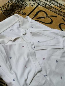 Uniqlo Men Cotton Mix Cream Printed Polo Tshirt