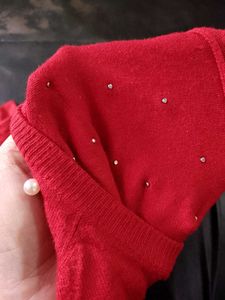 Red Sami Winter Top With Pearl Design