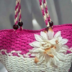 Handmade Pink &amp; White Straw Tote Bag for Women