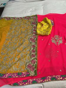 Yellow Embroidered Saree with Blouse