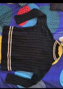 Striped Trim Black Knit Sweater