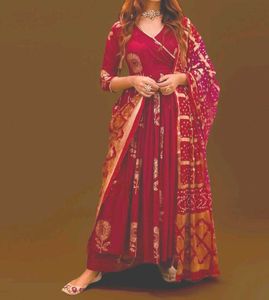 Aachho Maroon Angrakha Bandhej Suit Set XL