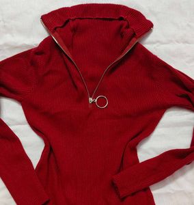 Red Zipper Highneck Knit Top
