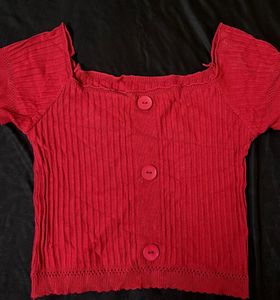 Red Ribbed Button-Up Top