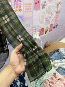 Green Checked Flared Sleeve Top