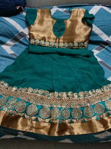 Green Colour Dress With Gold Lace Border