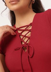 Burgundy Lace-Up Ribbed Bodycon Dress