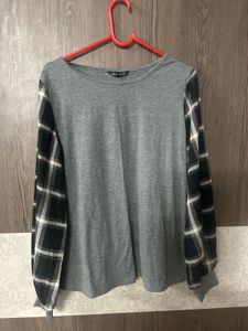 Gray Plaid Sleeve Top