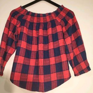 Off Shoulder Red &amp; Navy Plaid Top