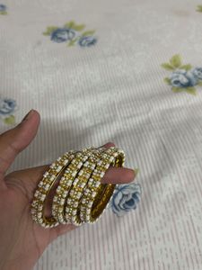Golden Bangles With White Beads (Set of 4)