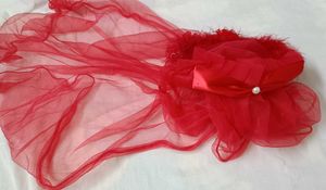 Red Net Hair Veil with Bow and Pearl Accent