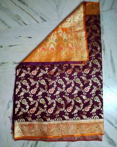 Wine And Orange Banarasi Silk Saree