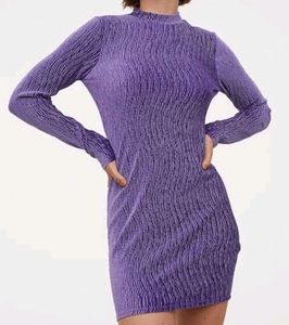 Purple Crinkle Mock Neck Mini Dress