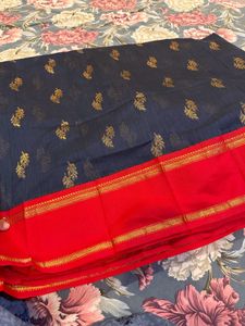 Blue with Red border Saree
